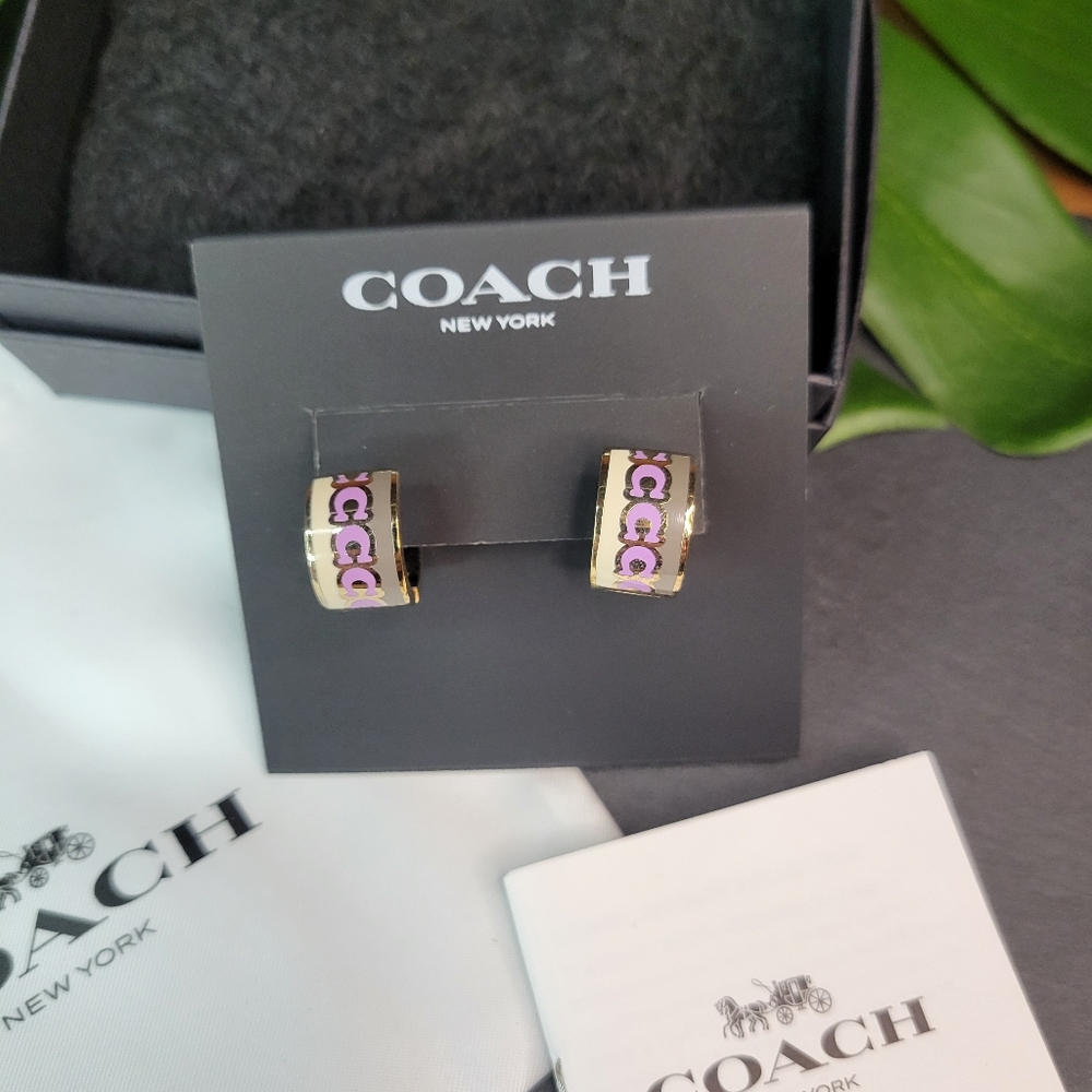 Coach NY Signature Gold Emeral, Purple & White Hoops Earrings